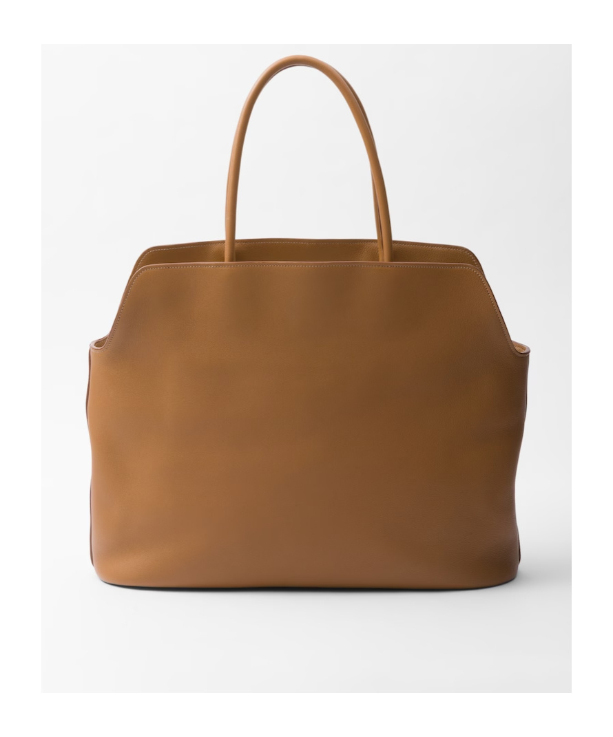 Prada Leather Shopping Bag With Structured Shape And Top Handles In Brown