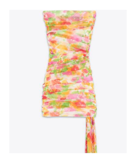 Saint Laurent Strapless Asymmetric Ruched Floral-print Tulle Mini Dress In Multicolor