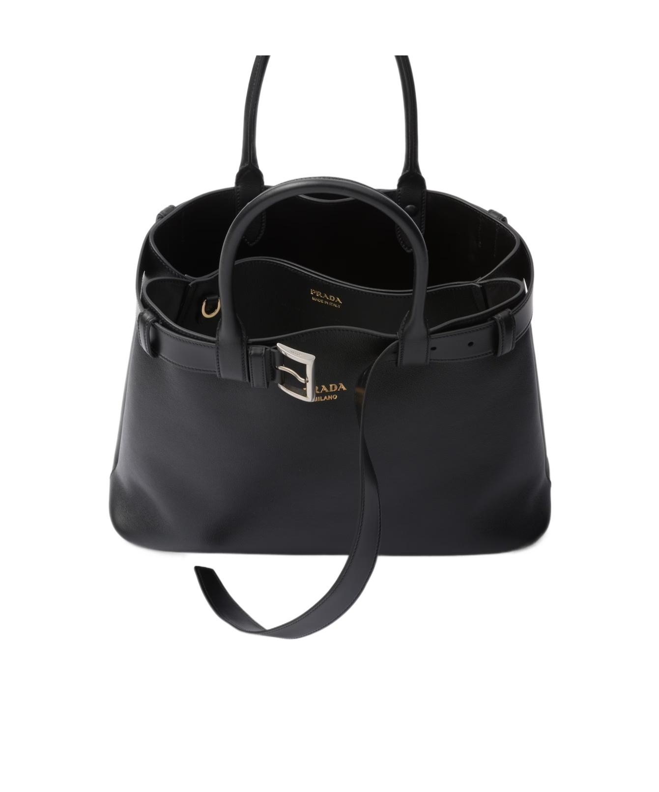 Prada Buckle Large Leather Handbag With Belt In Black