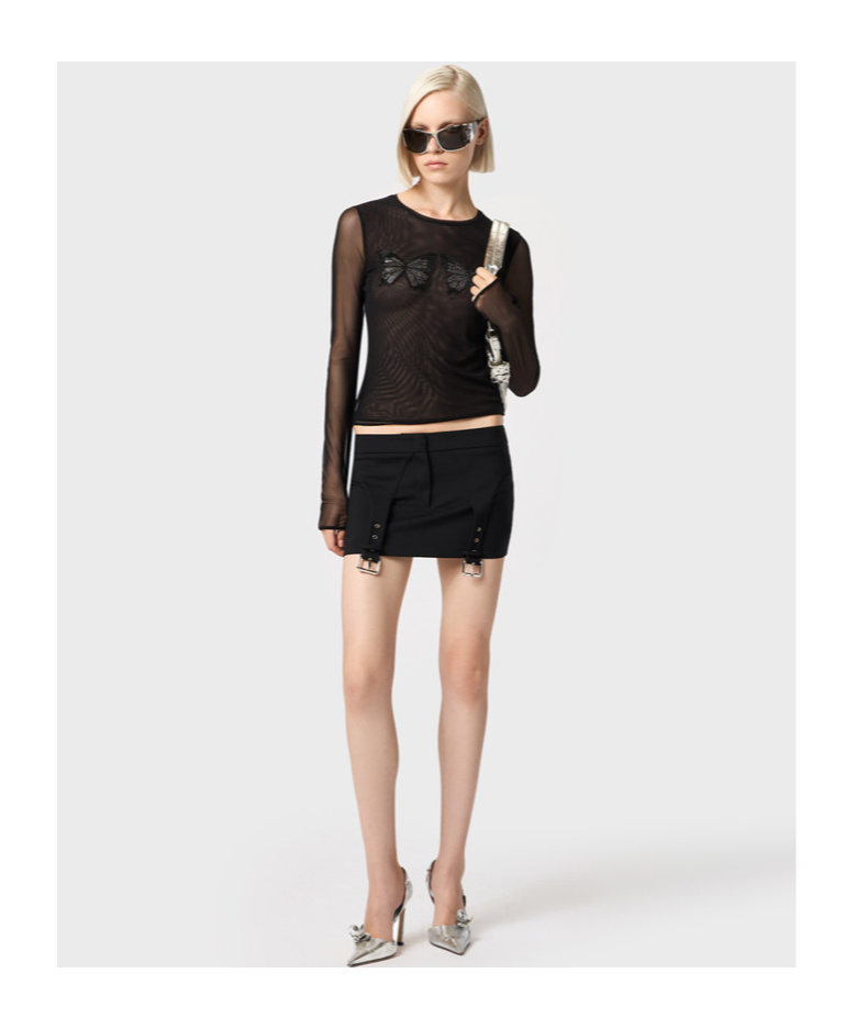 Blumarine Butterfly-embellished Mesh Top In Black