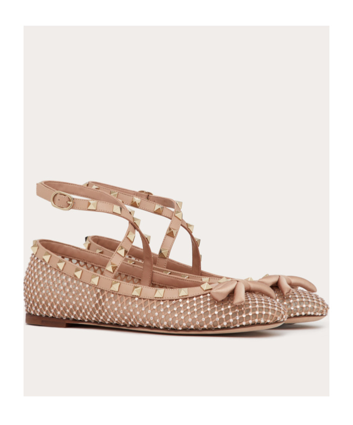 Valentino Rockstud Mesh Ballerina With Crystals In Nude