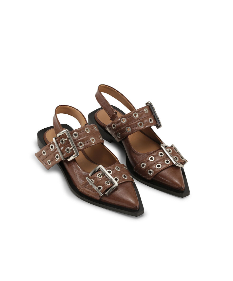 Ganni Thick Button Ballet Shoes In Brown