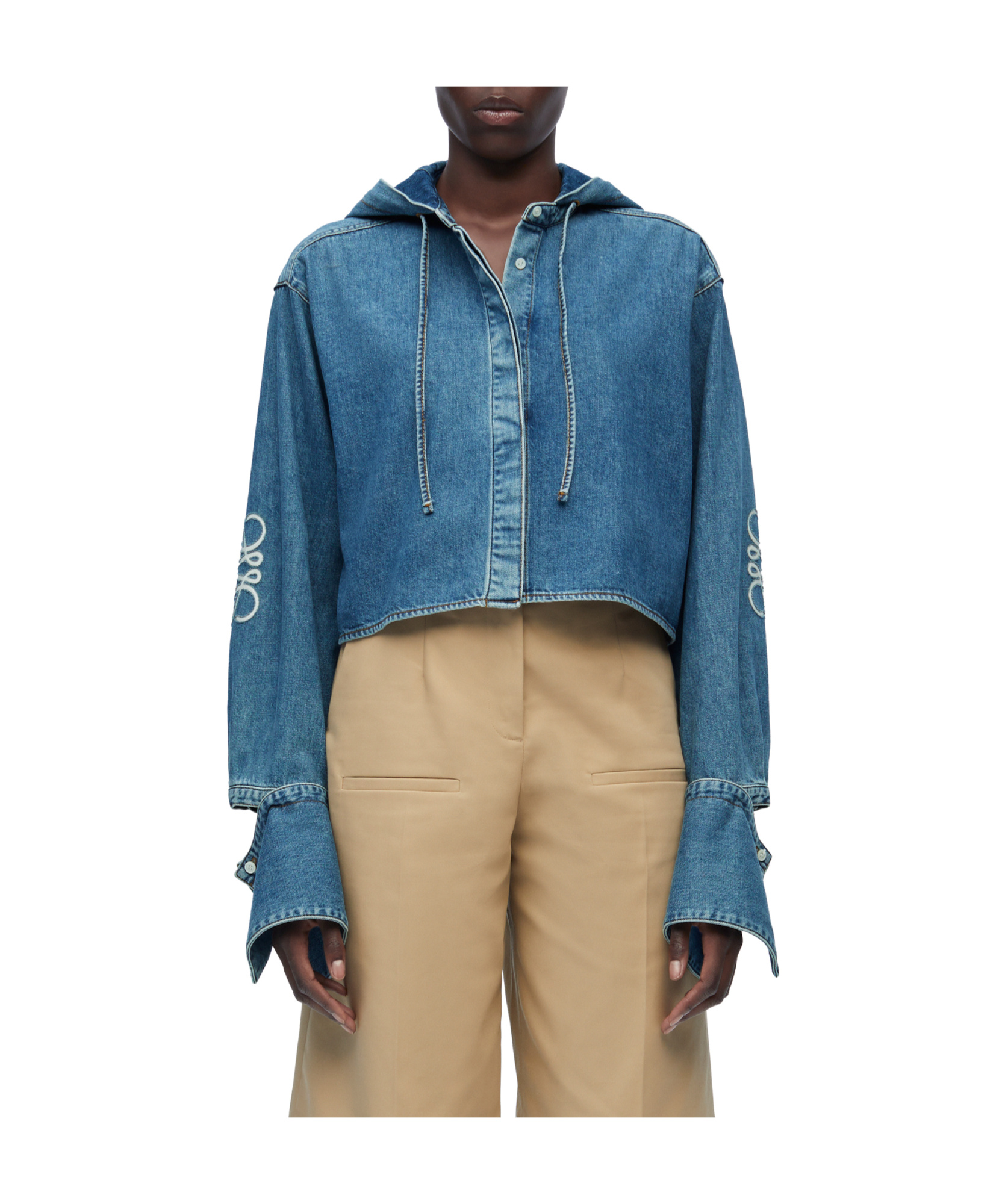 Loewe Womens Jeans Blue Anagram-embroidered Cropped Denim Jacket In Blue