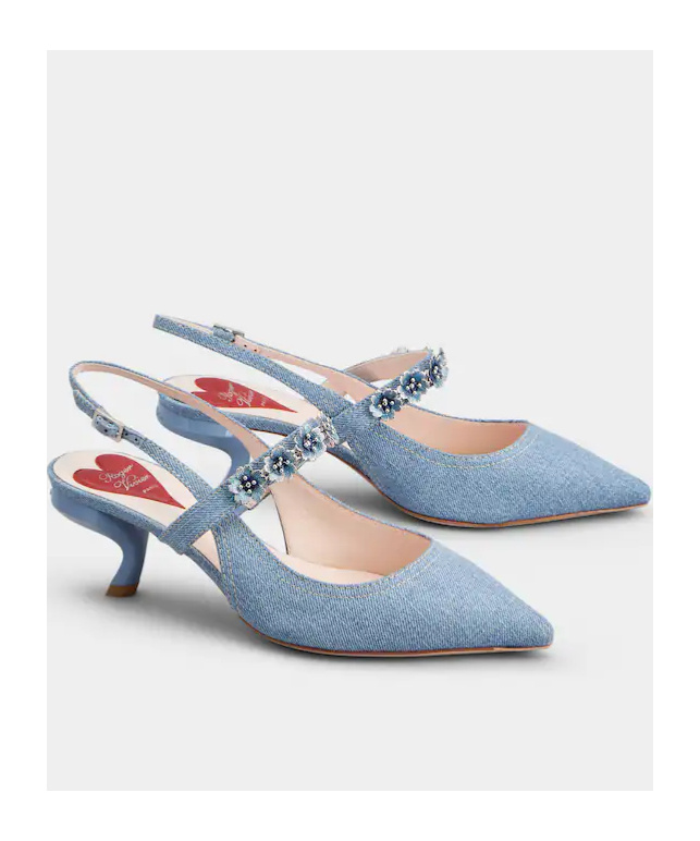 ROGER VIVIER VIRGULE FLOWER SLINGBACK PUMPS IN DENIM 