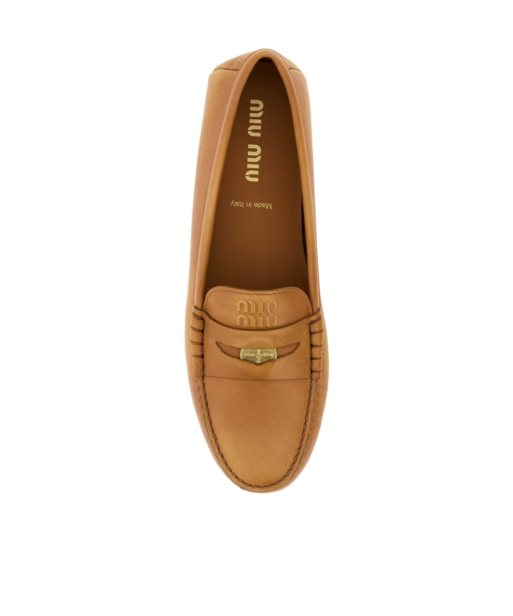 Miu Miu Woman Camel Leather Loafers In Brown