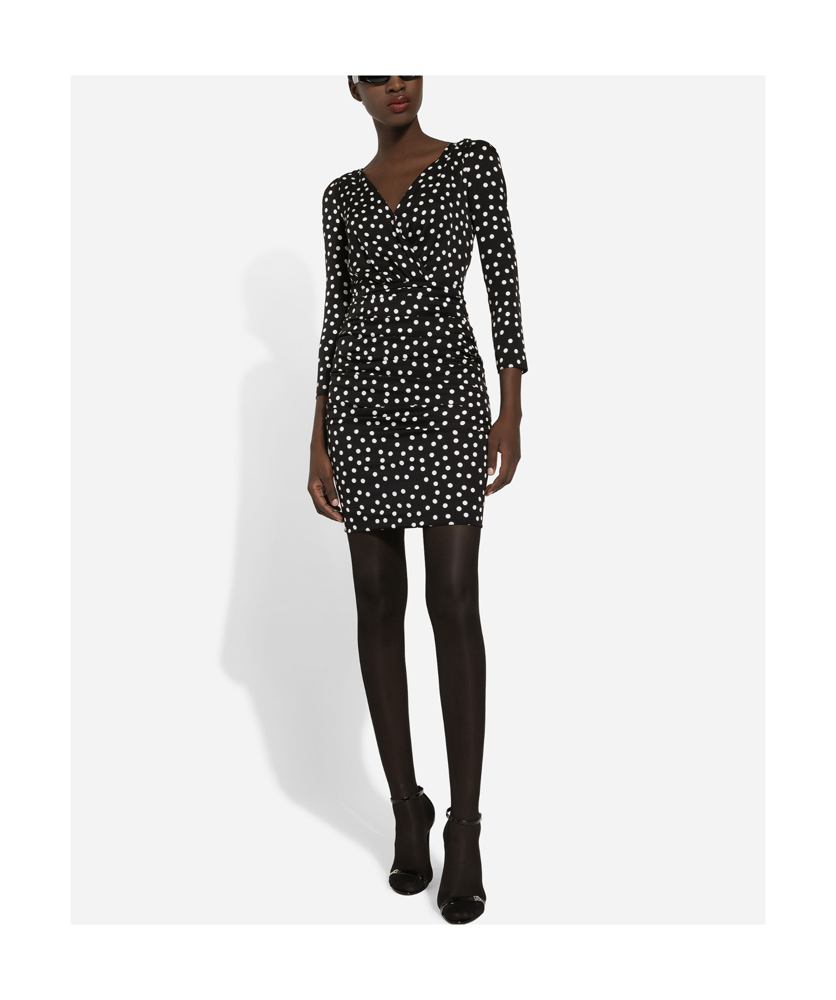 Dolce & Gabbana Polka Dot-printed Plunging V-neck Mini Dress In Black