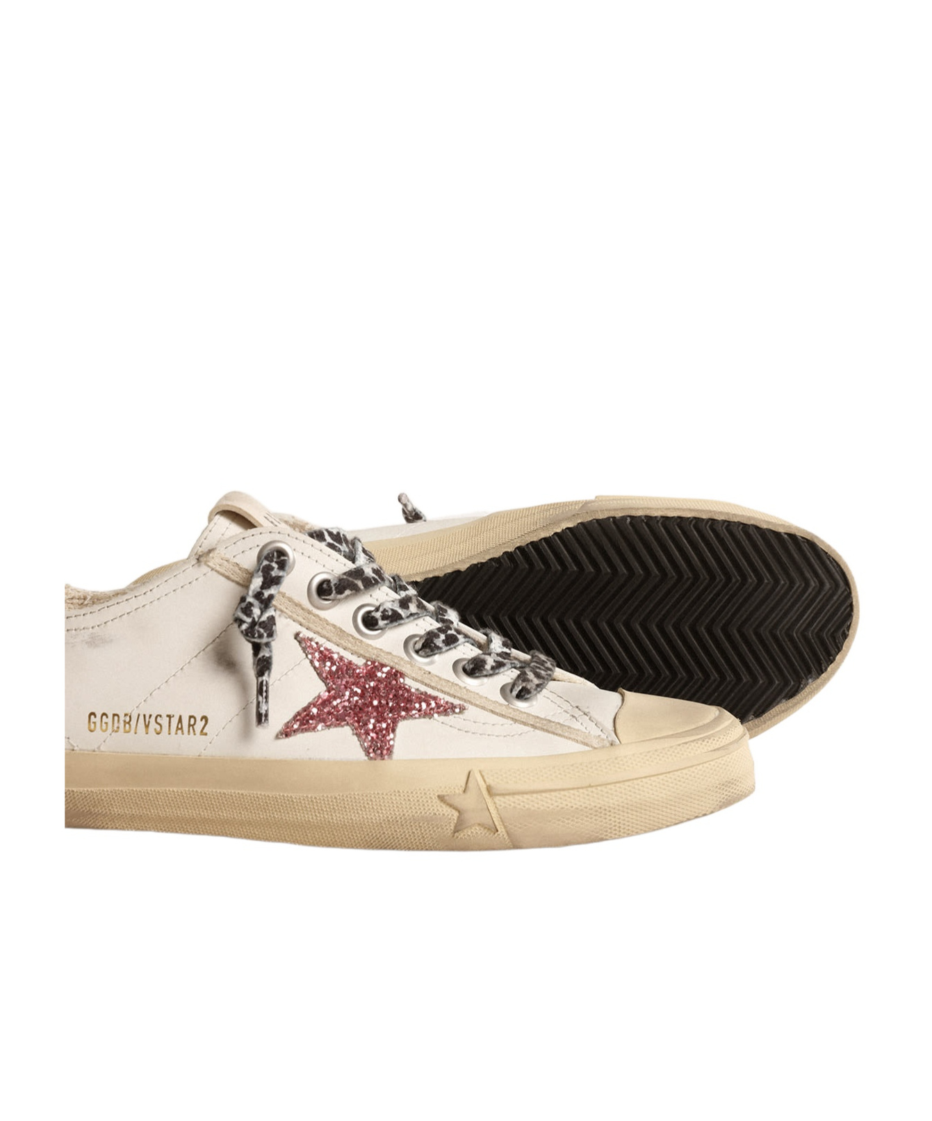 Golden Goose V-star With Pink Glitter Star And Metallic Leather Heel Tab In Neutral