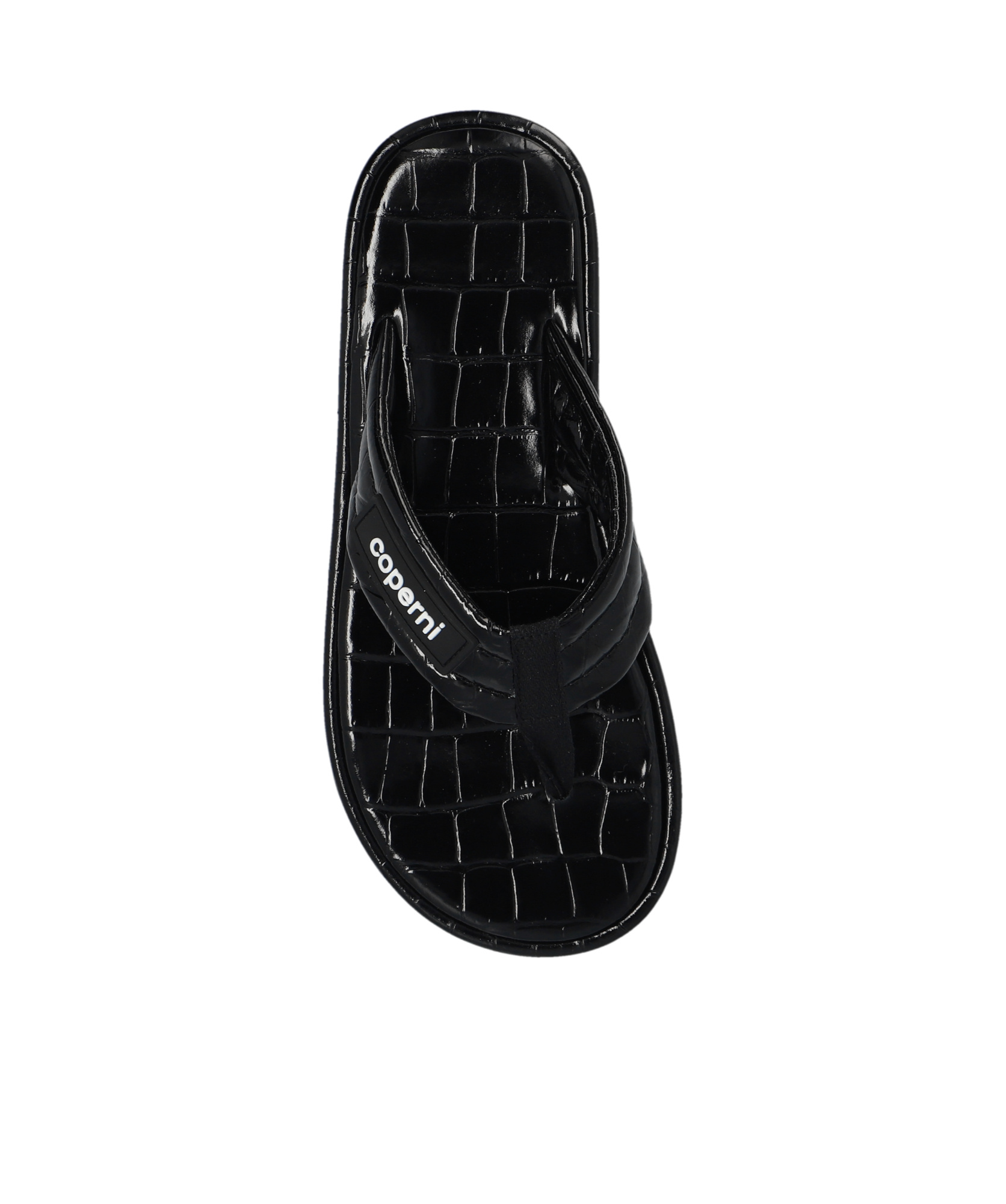 Coperni Logo-appliquéd Rubber-trimmed Croc-effect Patent Leather Flip Flops In Black
