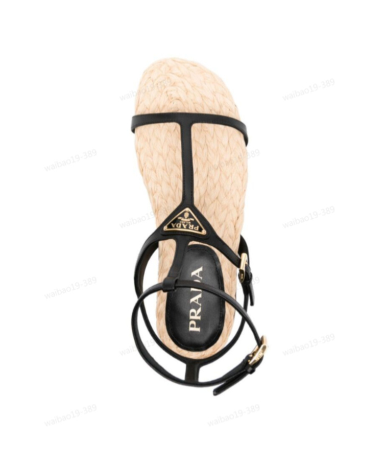 Prada Flat Woven Fabric And Nappa Leather Sandals In Black