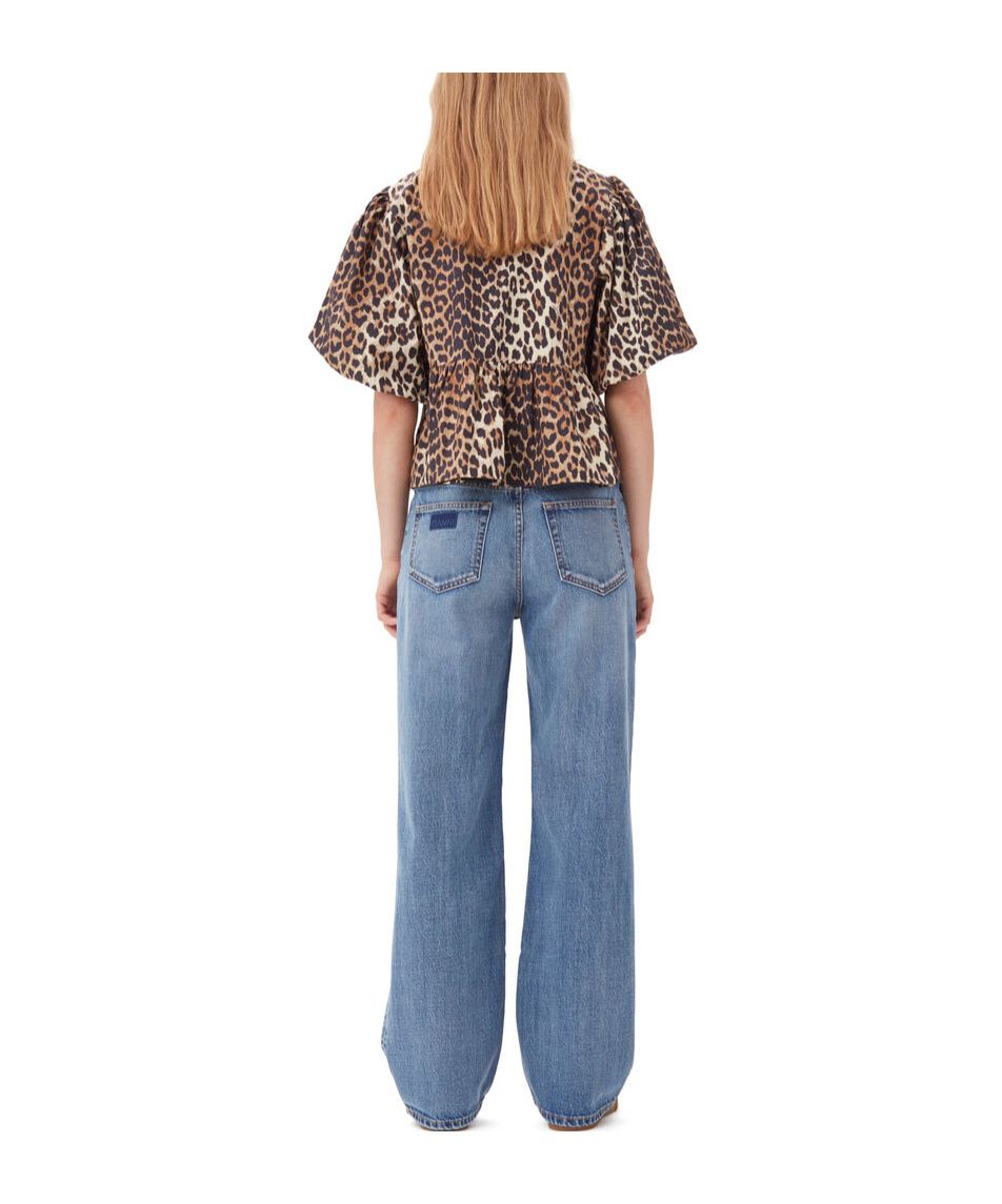 Ganni Women Leopard Cotton Poplin Peplum Tie Blouse In Animal Print