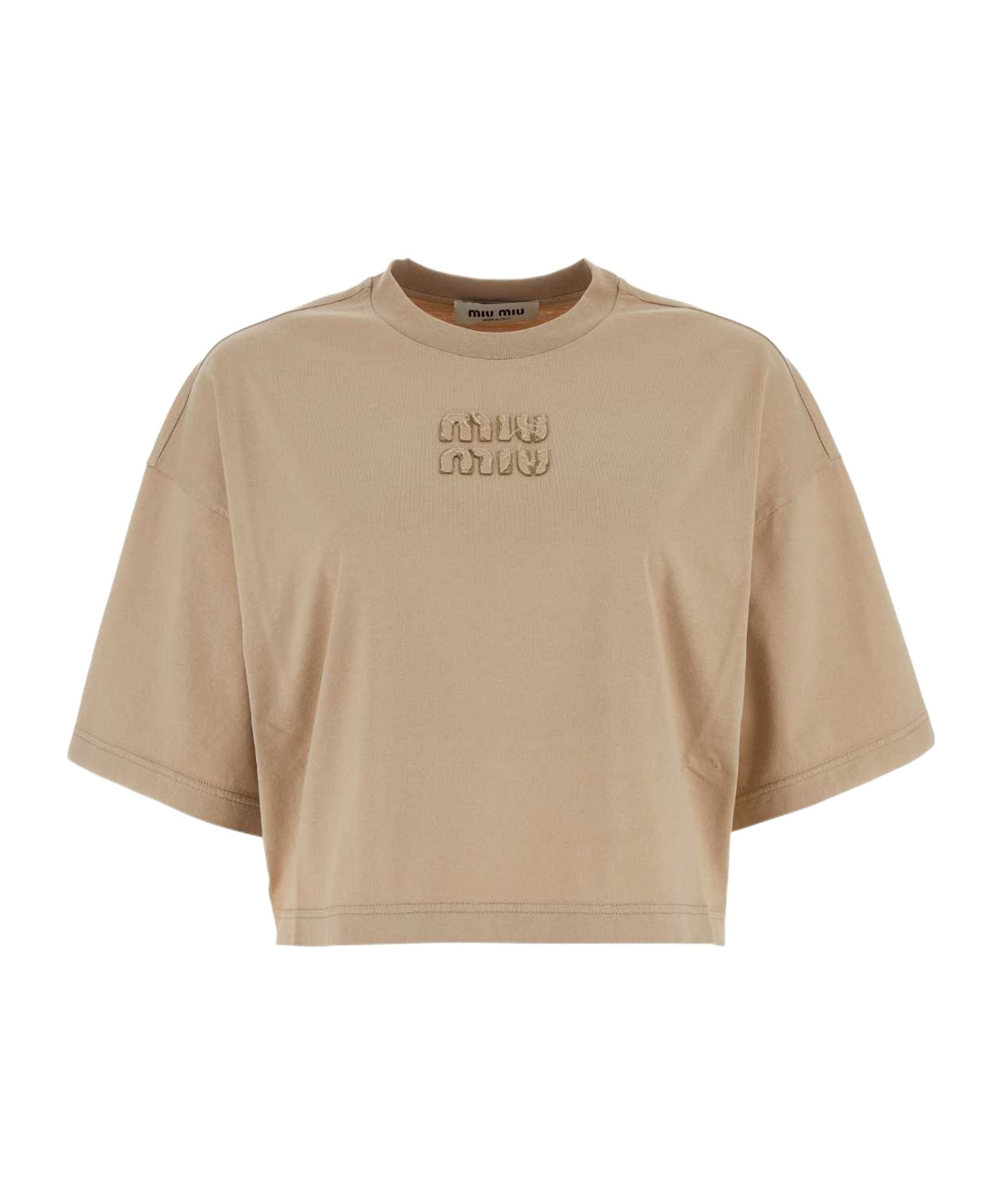 Miu Miu Logo-patch Cropped T-shirt In Gray