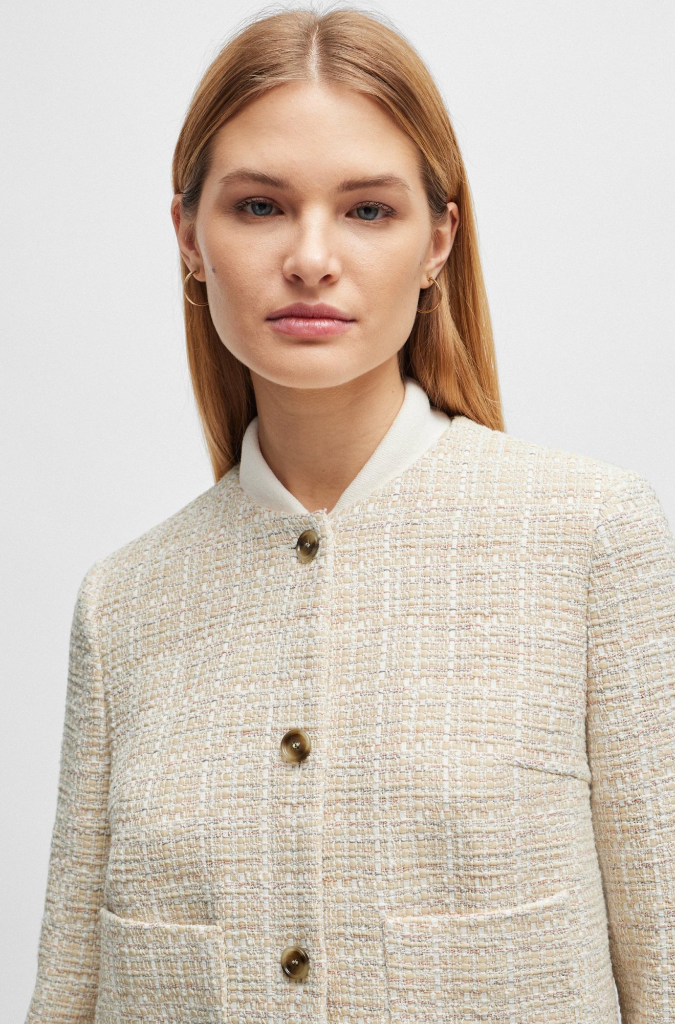 Hugo Boss Collarless Regular-fit Jacket In Melange Tweed In Nude