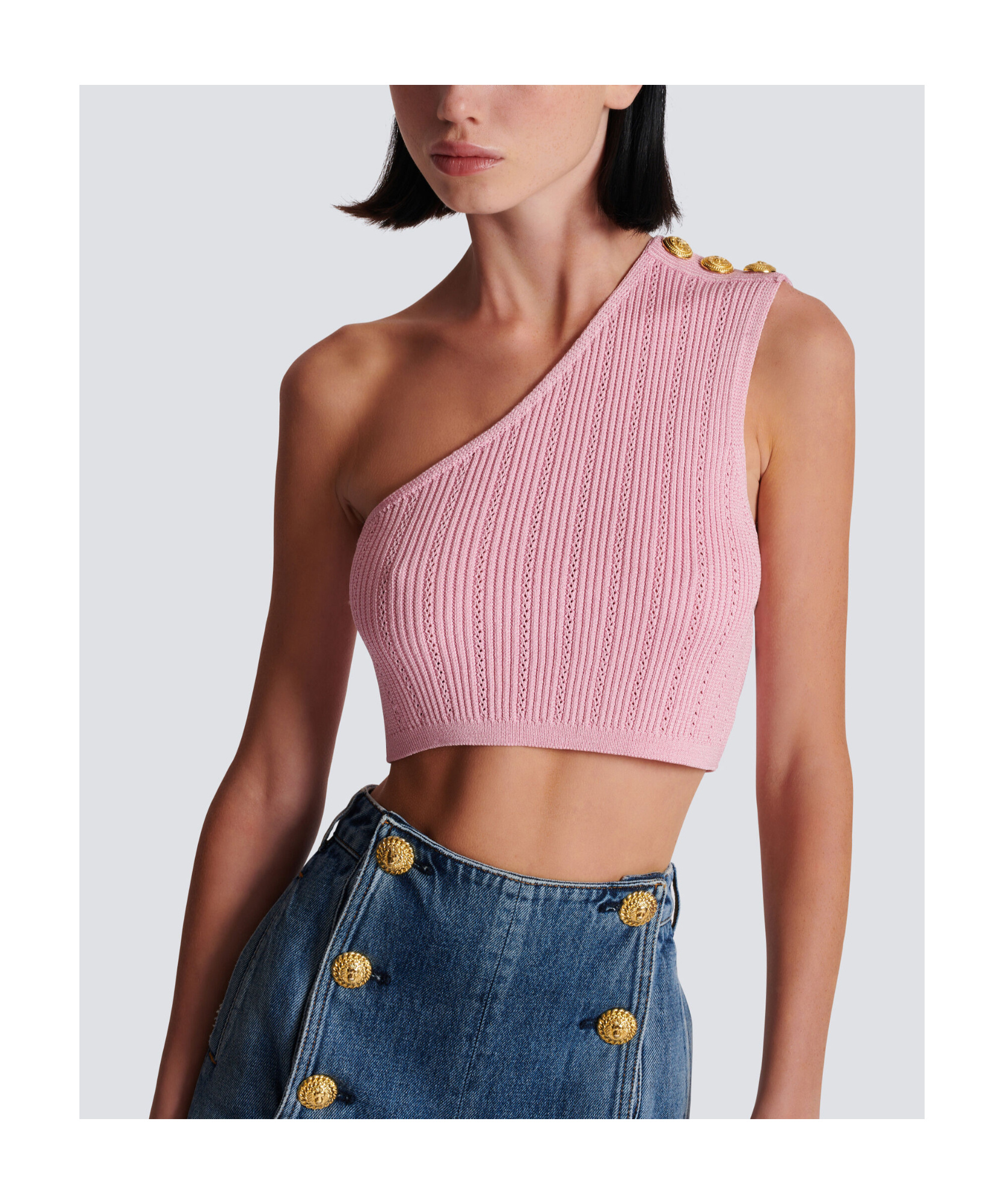 Shop Balmain Asymmetric Knit Top With Buttons In Pink