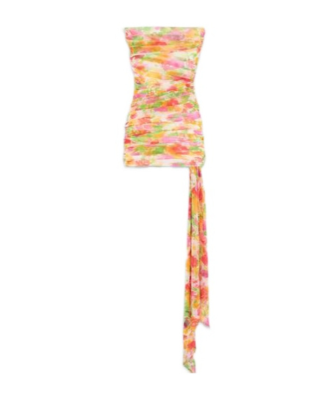 Saint Laurent Strapless Asymmetric Ruched Floral-print Tulle Mini Dress In Multicolor
