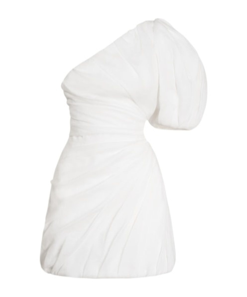 Chloé Asymmetric Draped Ramie Voile Mini Dress With Maxi Balloon Sleeve