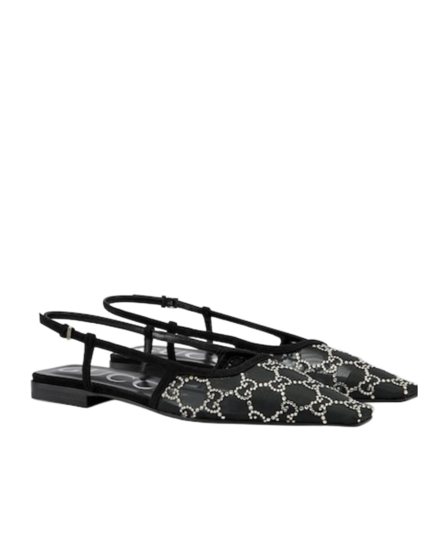 Gucci Demi Crystal Gg Slingback Ballerina Flats In Black