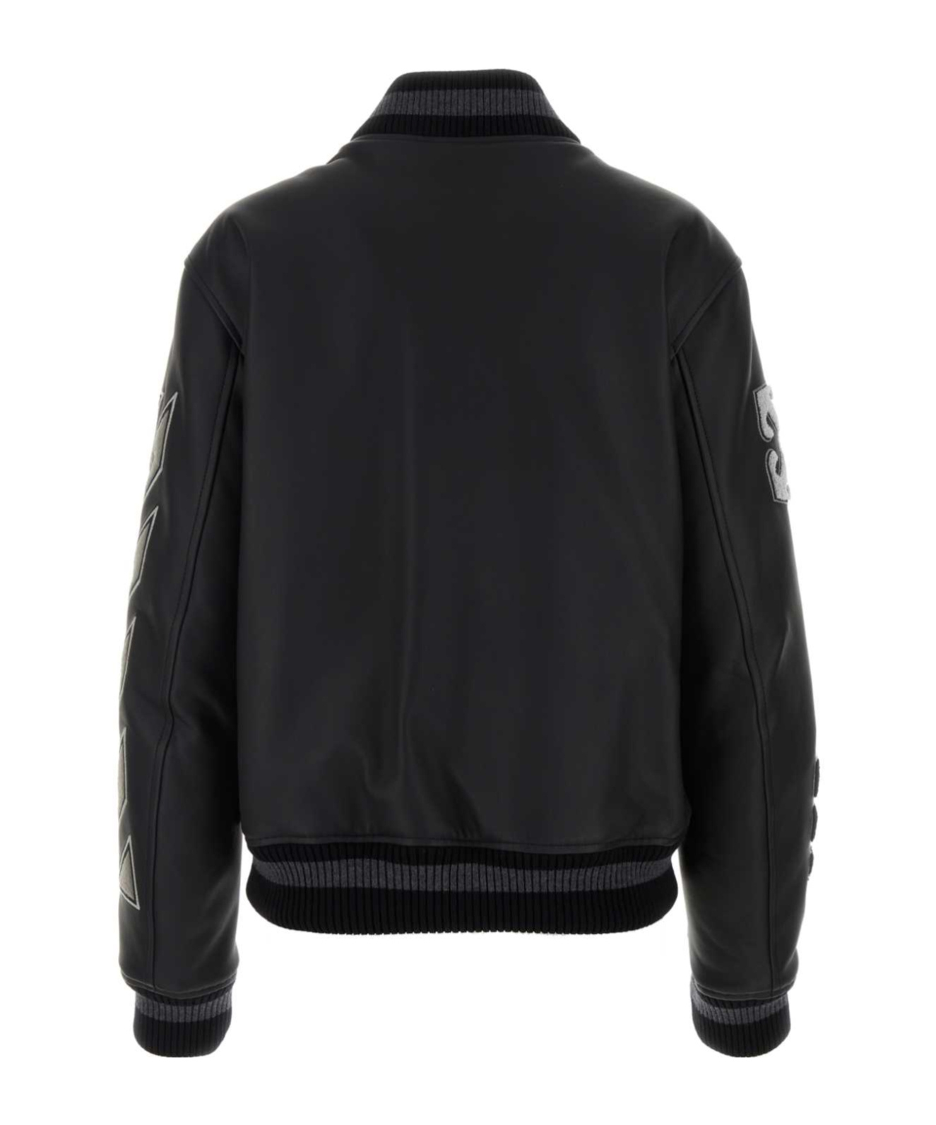 Off-white Logo Patch Leather Varsity Jacket In Black