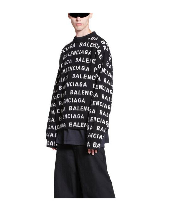 Balenciaga Logo All Over Print Pullover Sweater In Black