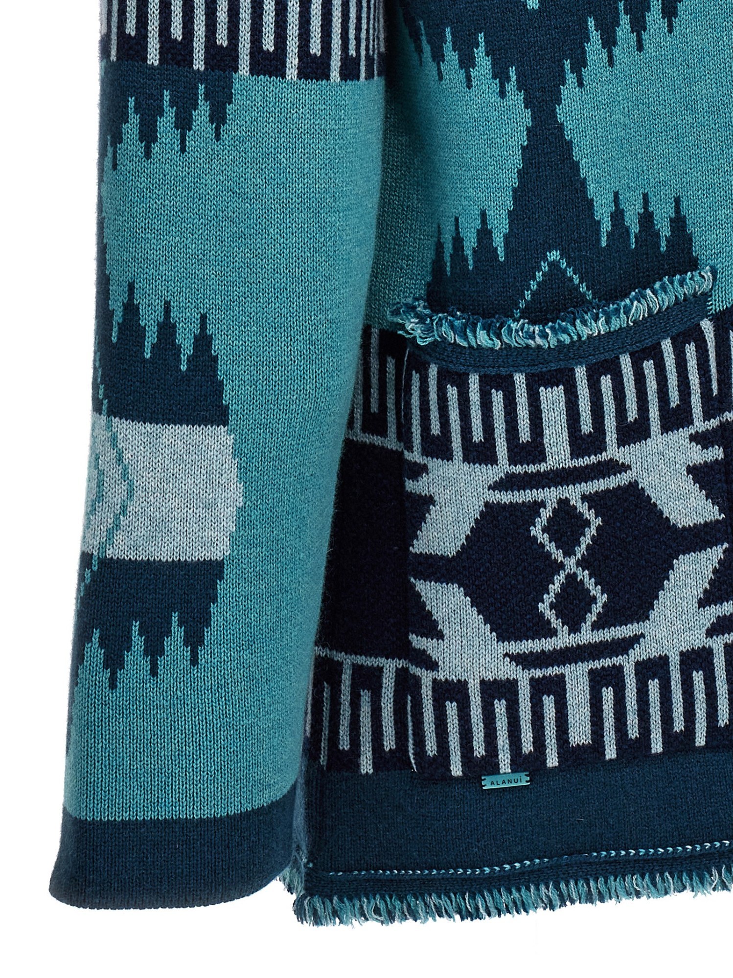 Alanui Jacquard Shawl Collar Fringed Cardigan In Blue
