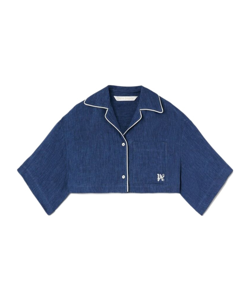 Palm Angels Monogram-embroidered Drop Shoulder Cropped Shirt In Blue