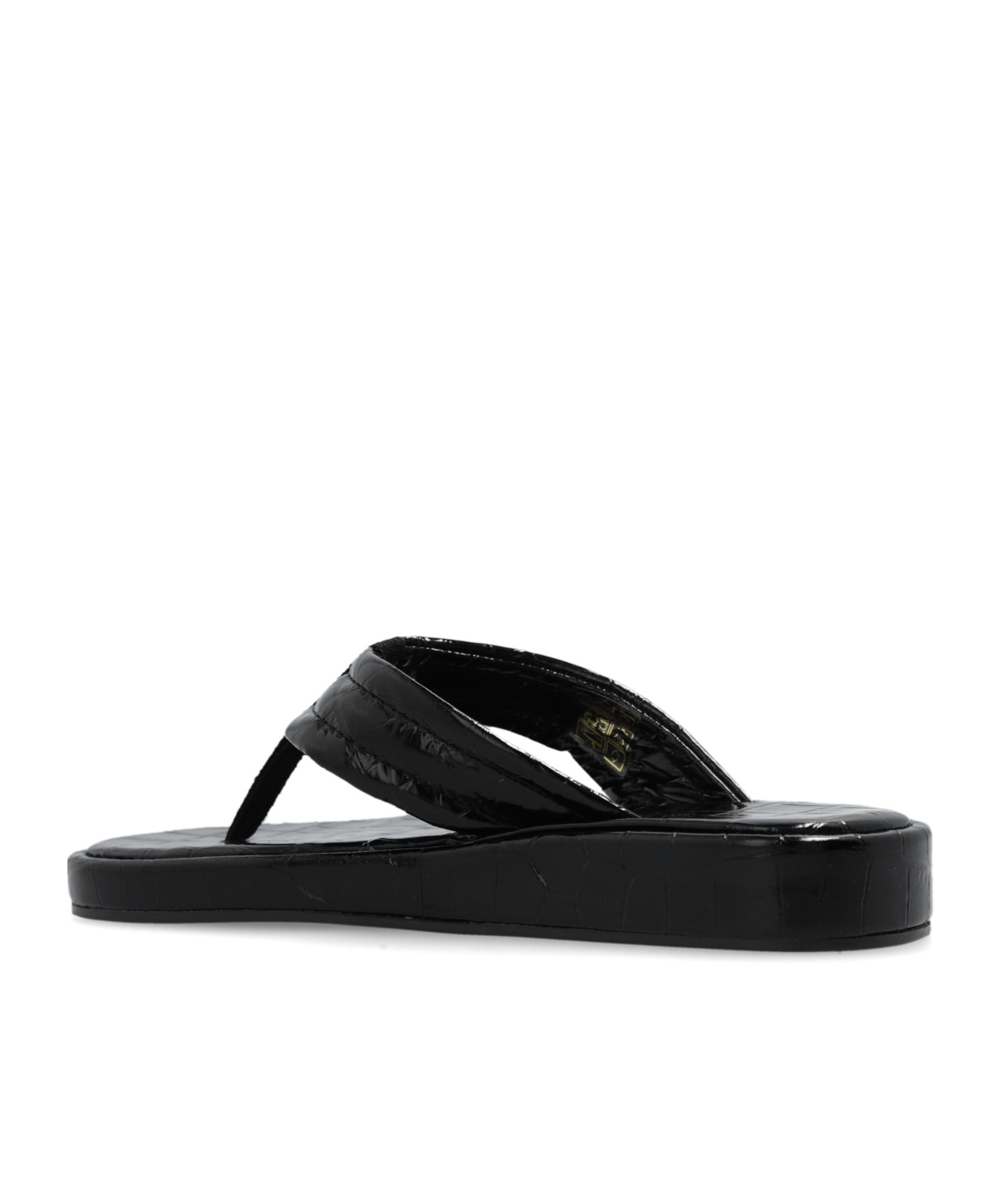 Coperni Logo-appliquéd Rubber-trimmed Croc-effect Patent Leather Flip Flops In Black