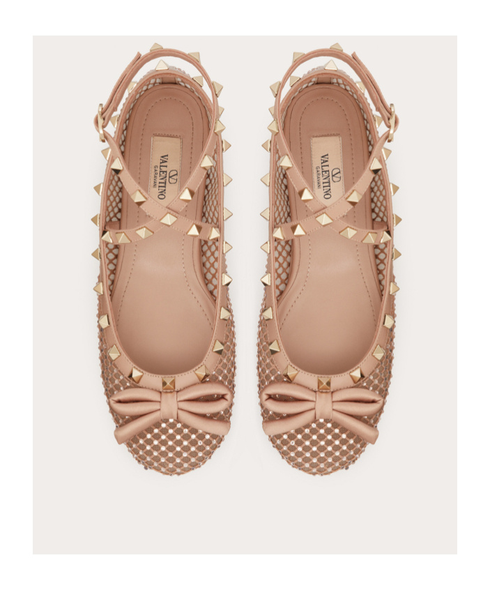 Valentino Rockstud Mesh Ballerina With Crystals In Nude