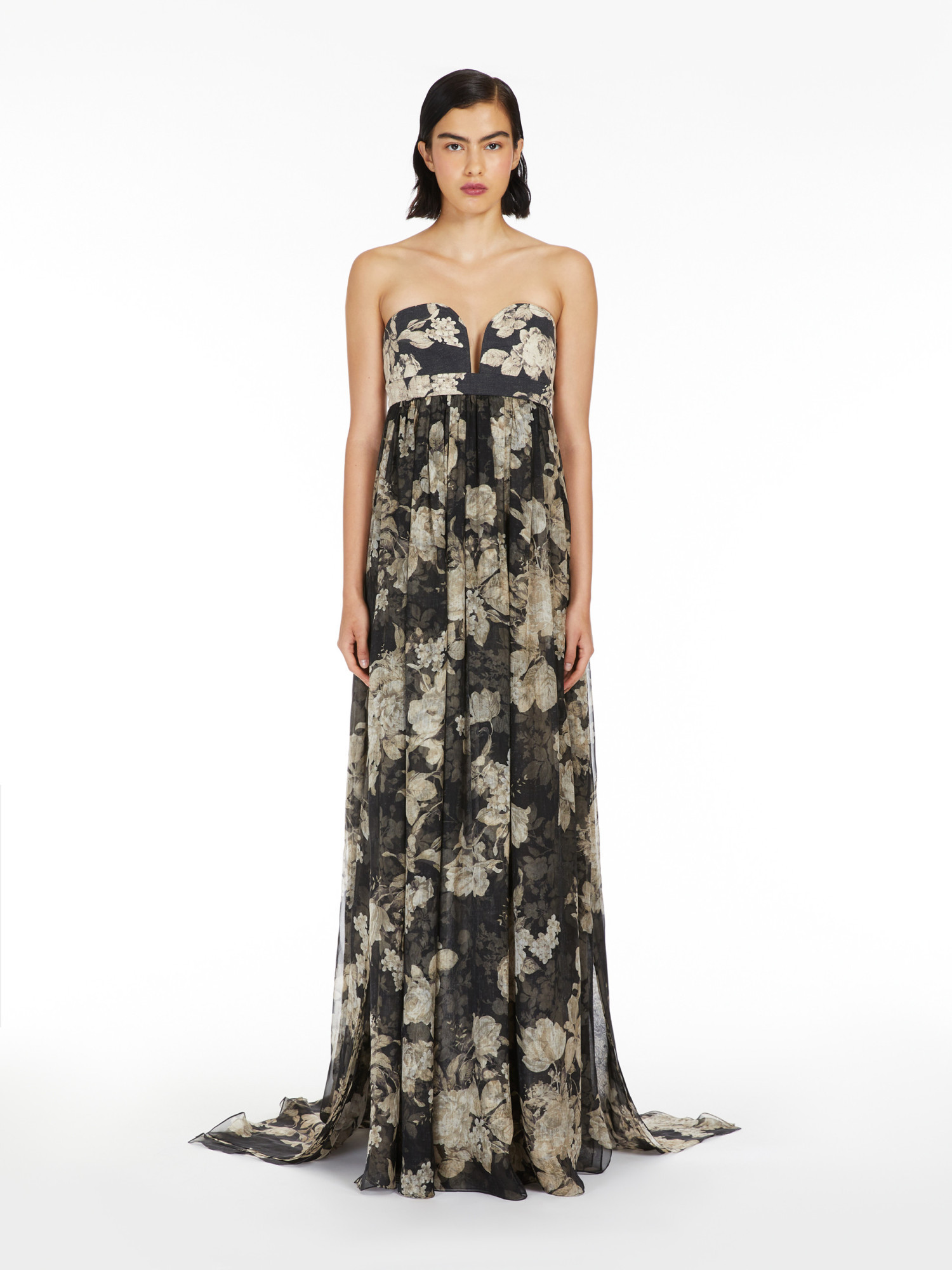 Max Mara Acerbo Strapless Floral Silk-chiffon Gown In Black
