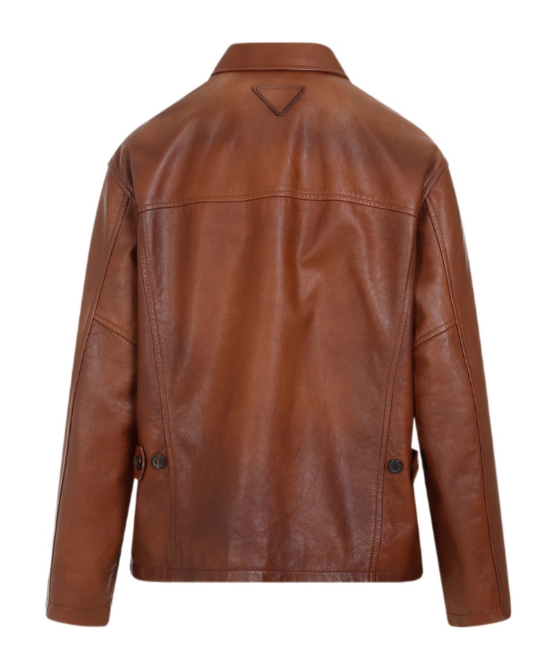 Prada Enamel-logo Leather Jacket In Brown