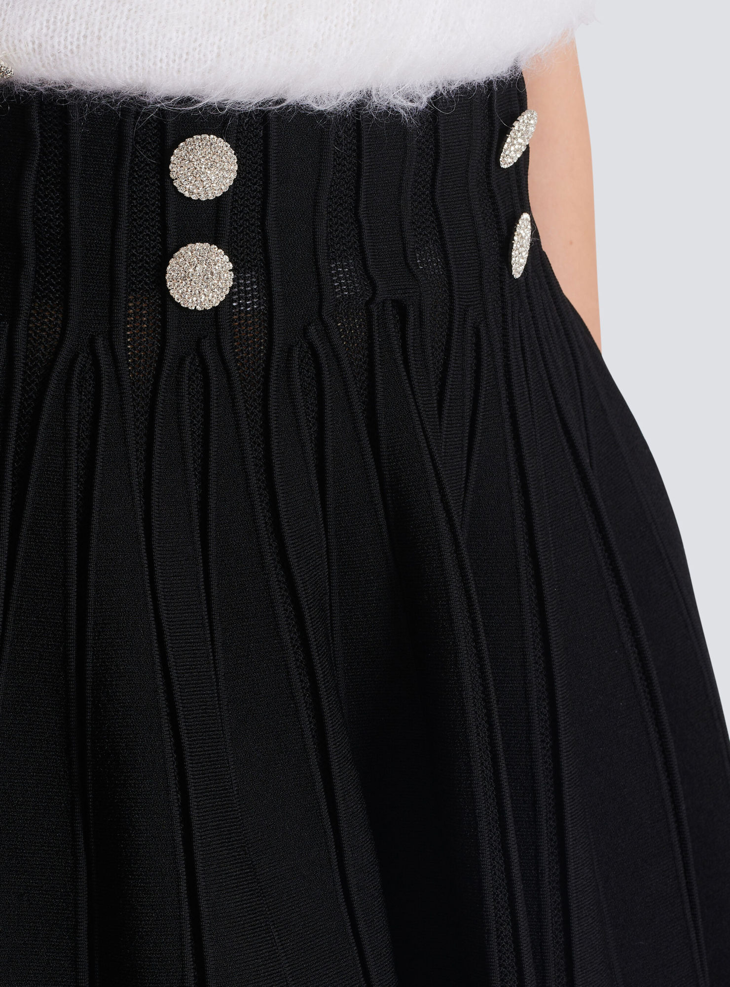 Balmain Double-breasted Rib Knit Flare Mini Skirt In Black