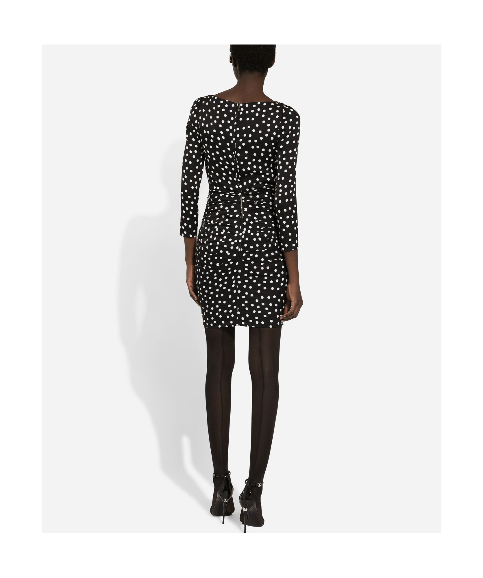 Dolce & Gabbana Polka Dot-printed Plunging V-neck Mini Dress In Black