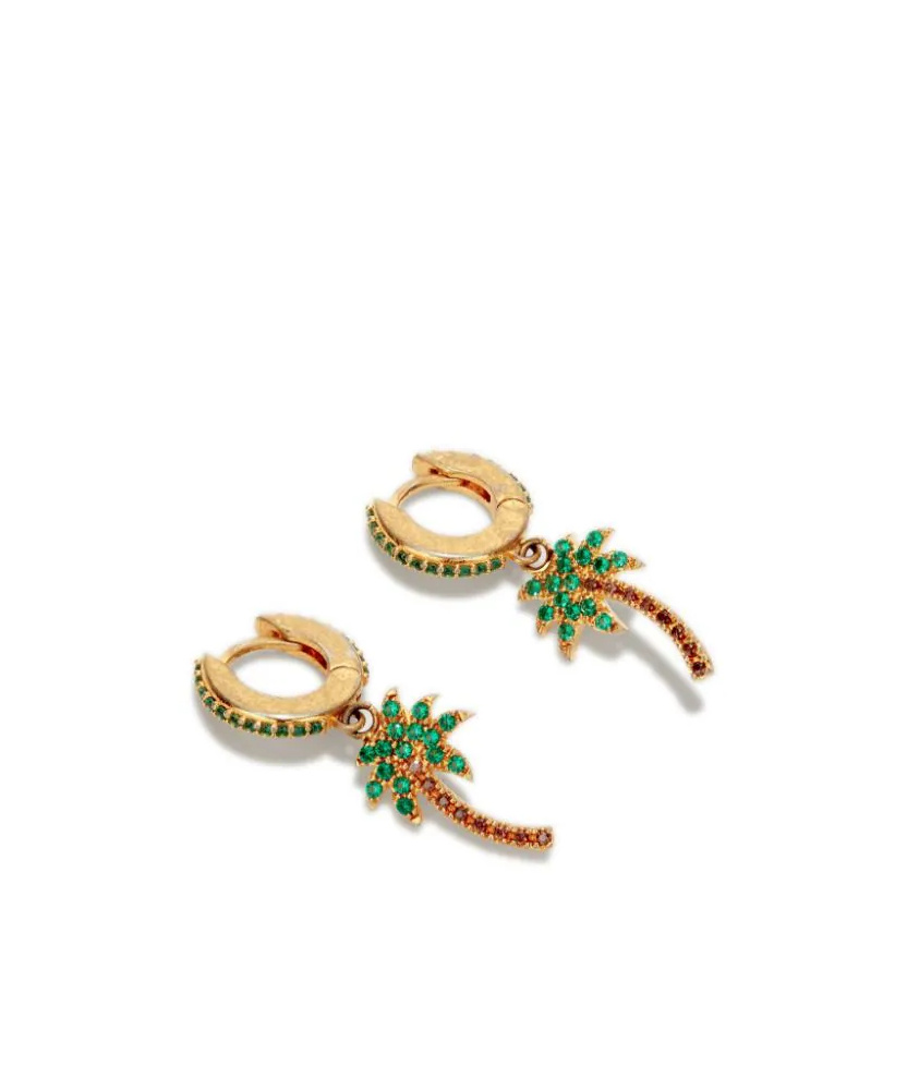 Palm Angels Hoop Earrings With Rhinestones And Palm Shaped Pendant In Yellow
