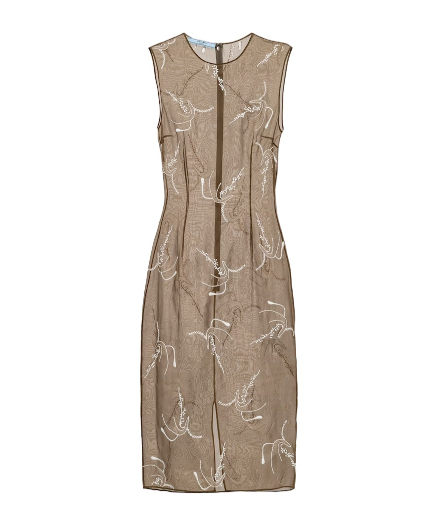 Prada Embroidered Sheer Silk Midi Dress In Green