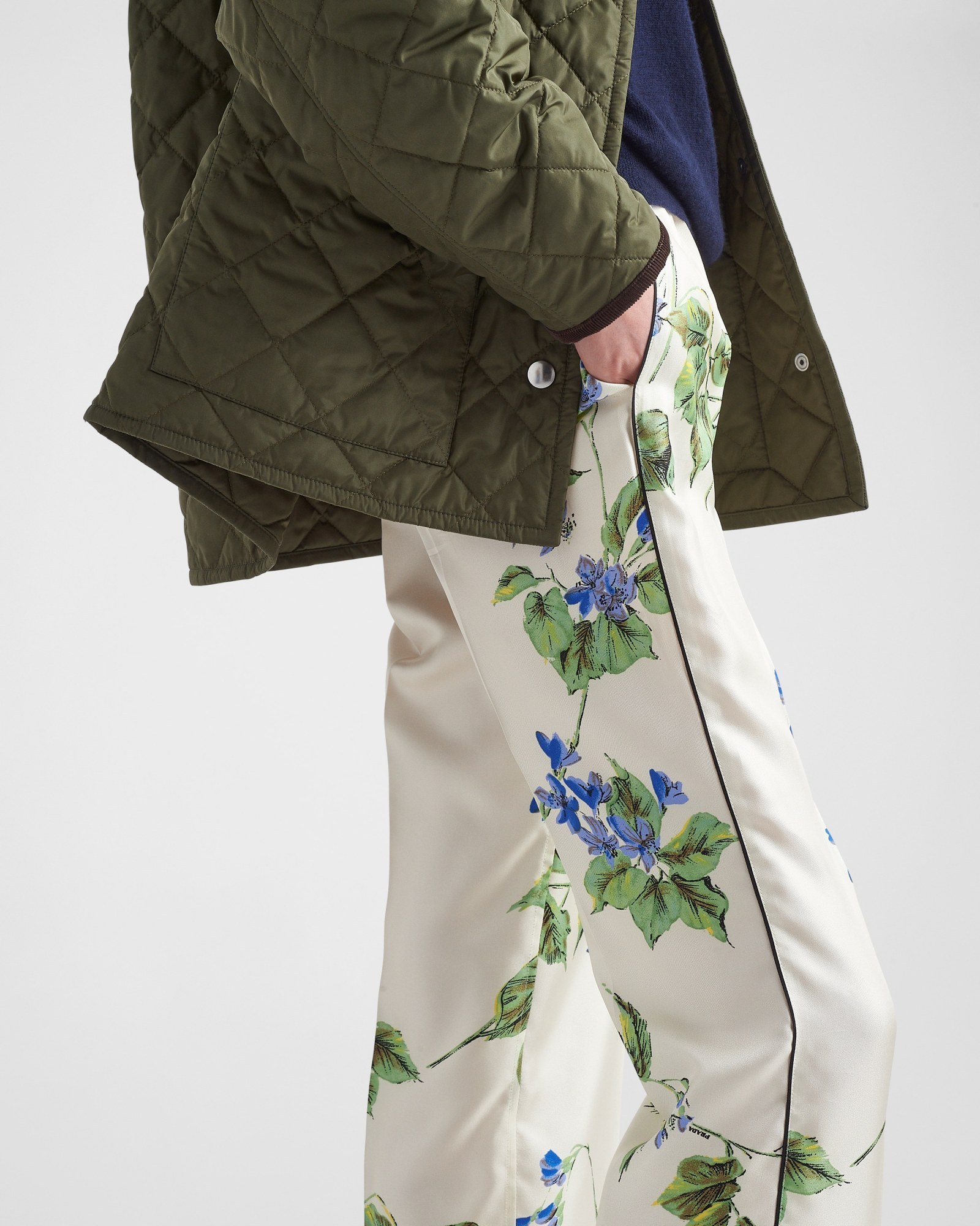 Prada Floral Print Twill Pants In White