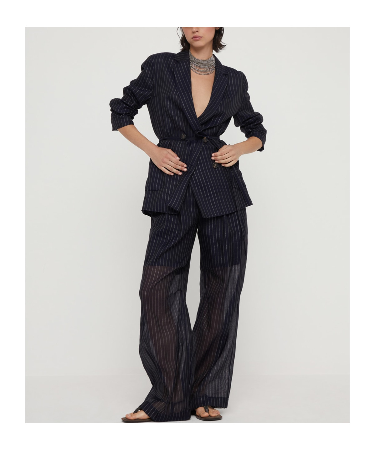 Brunello Cucinelli Double-breasted Jacket With Pinstripe Detail And Belted Waist In Black