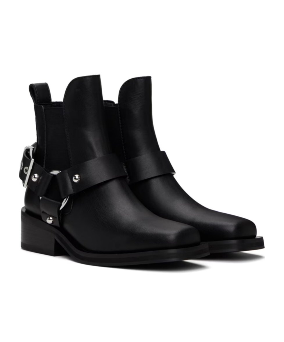 Ganni Buckle-strap Leather Ankle Boot In Black