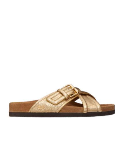 Valentino Garavani Fussfriend Slide Sandal In Metallic Grainy Calfskin 30mm Woman Gold 42 In Nude