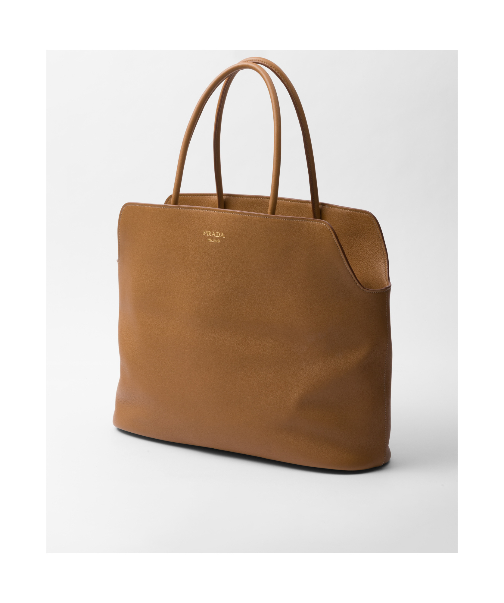 Prada Leather Shopping Bag With Structured Shape And Top Handles In Brown