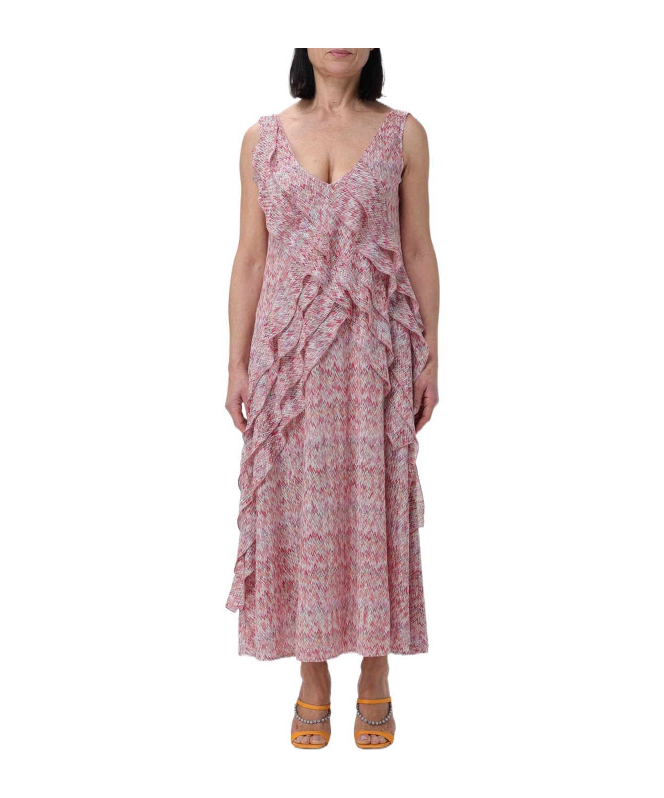 Missoni Ruffled Metallic Crochet-knit Midi Dress In Pink