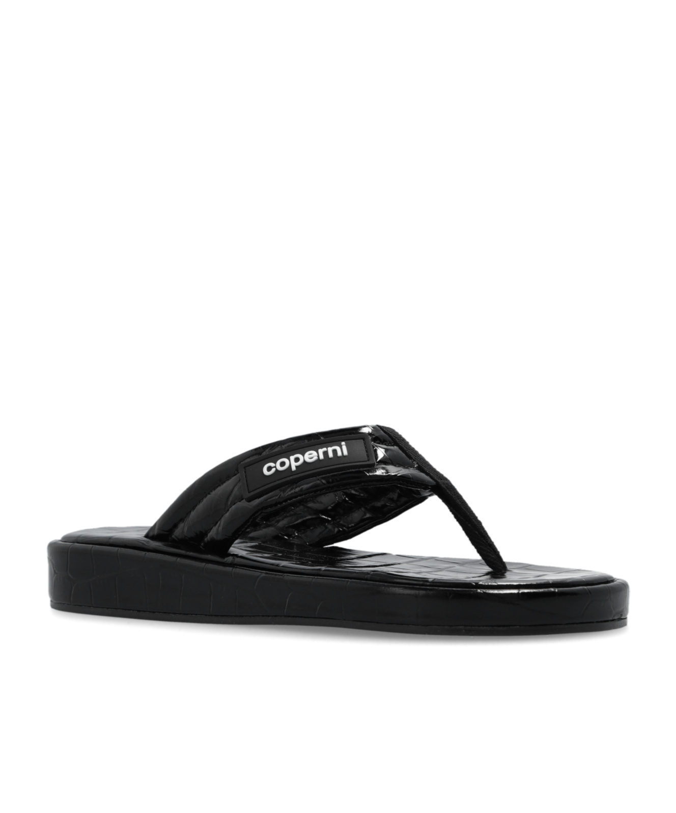 Coperni Logo-appliquéd Rubber-trimmed Croc-effect Patent Leather Flip Flops In Black