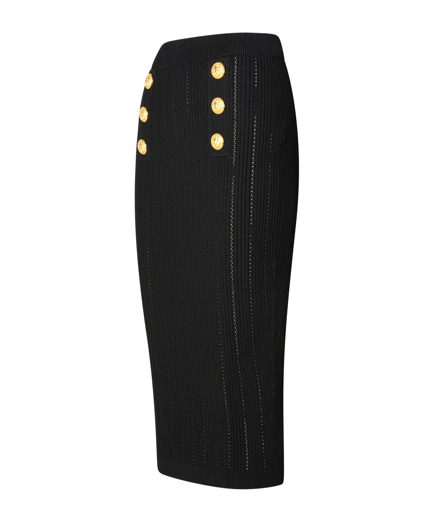 Balmain Decorative-buttons Ribbed Pencil Skirt In Black