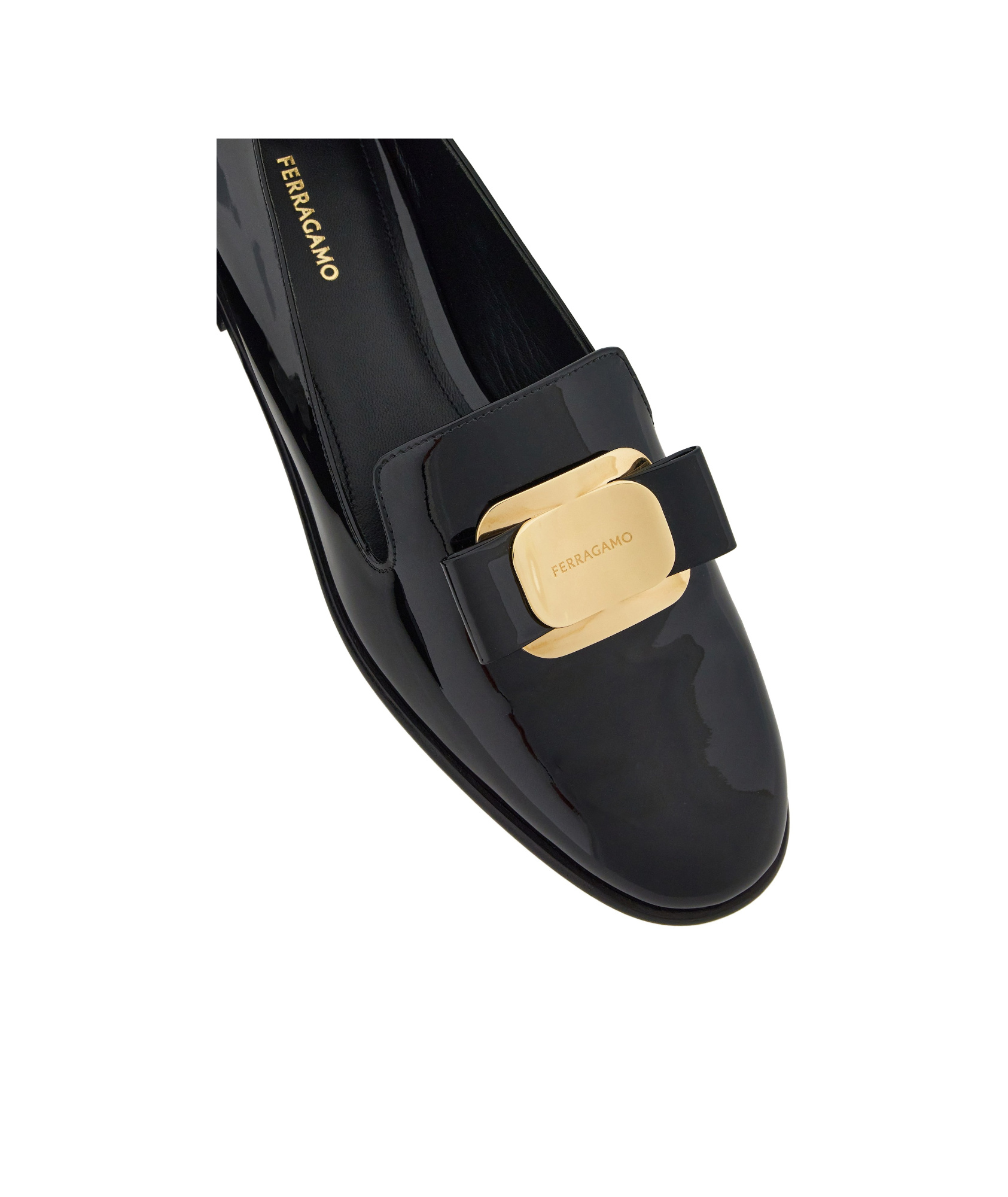 Ferragamo Vara Bow Patent Ballerina Shoes In Black