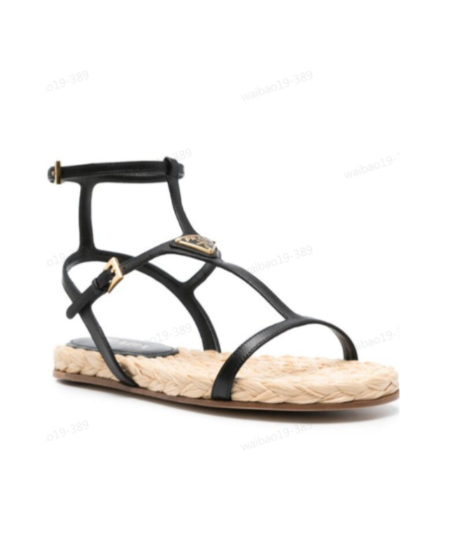 Prada Flat Woven Fabric And Nappa Leather Sandals In Black