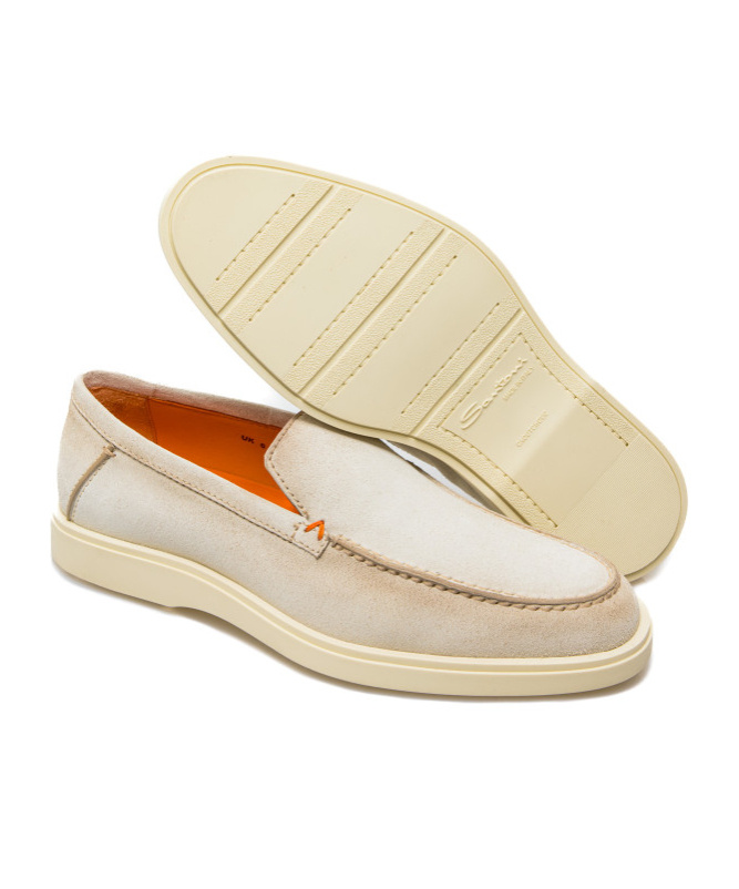 Santoni Loafers With Contrast Stitching And Suede Upper In Nude