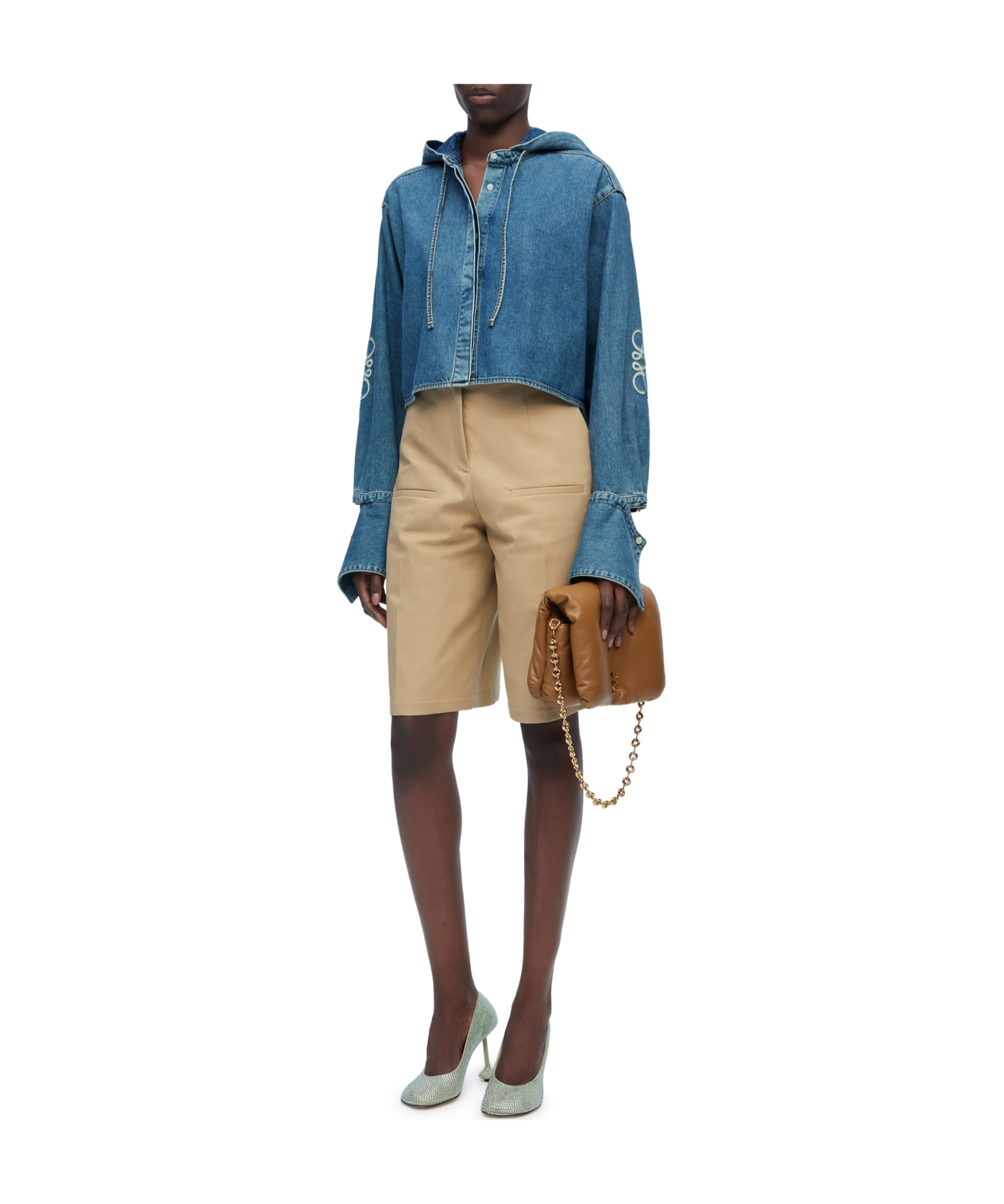 Loewe Womens Jeans Blue Anagram-embroidered Cropped Denim Jacket In Blue