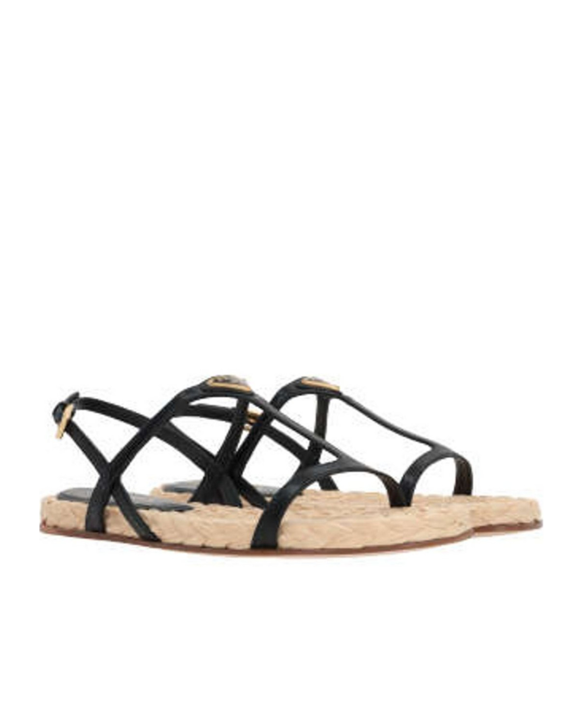 Prada Triangle Logo Raffia And Leather Flat Sandals In Black