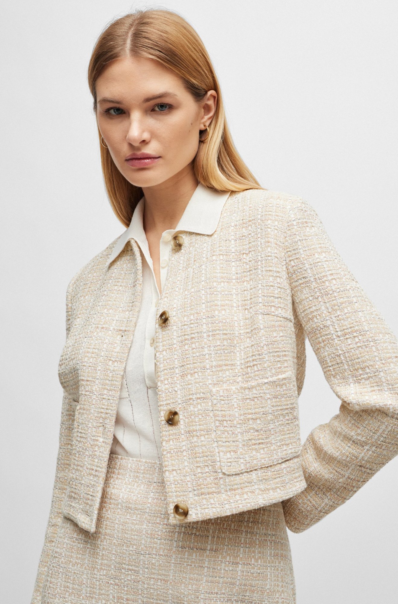 Hugo Boss Collarless Regular-fit Jacket In Melange Tweed In Nude