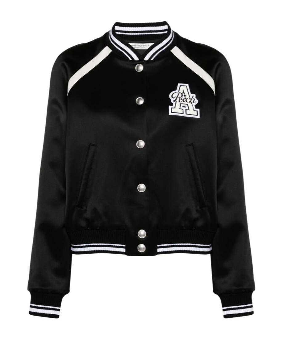 Alessandra Rich Satin Bomber Jacket With Logo Patch In Black