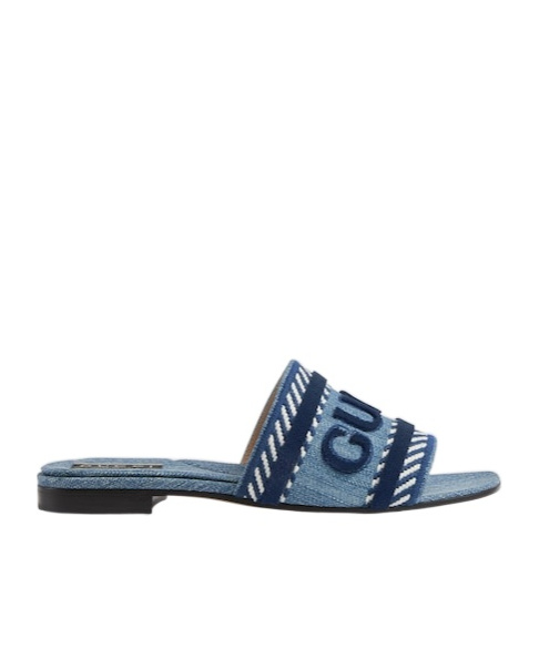 Gucci Jane Velvet-trimmed Embroidered Denim Slides In Blue