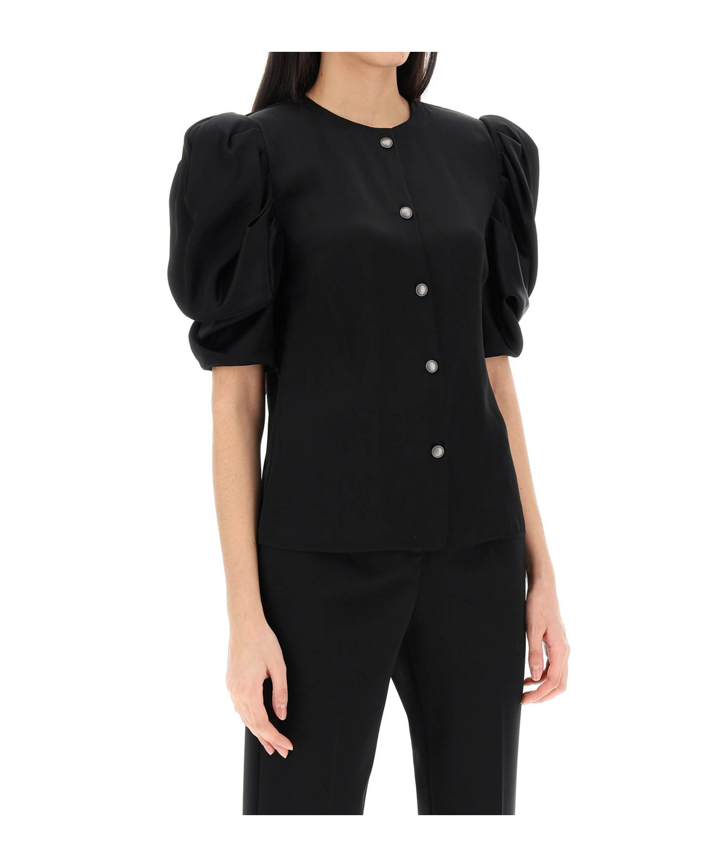 Alessandra Rich Envers Satin Blouse With Bouffant Sleeves In Black