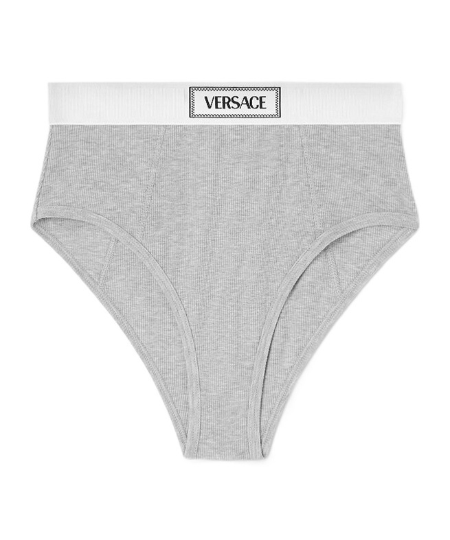 Versace Logo-waistband Fine-ribbed Briefs In Gray